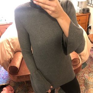 Bell sleeve ruffle mock neck sweater